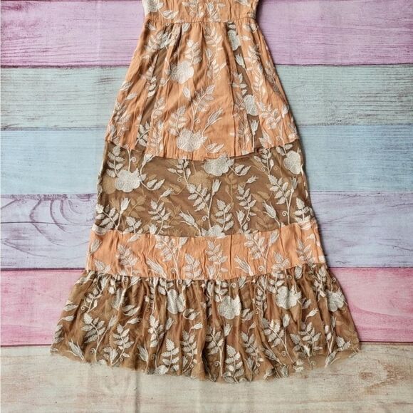 For Love and Lemons Peach Mia Floral Embroidered Sheer Tiered Maxi‎ Dress Small - Picture 4 of 7